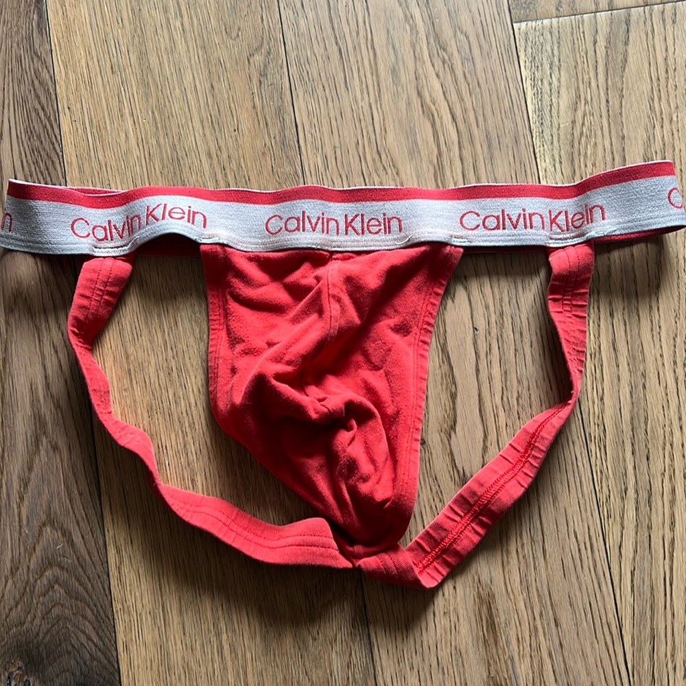 Red cotton Calvin Klein jockstrap. Size Large
